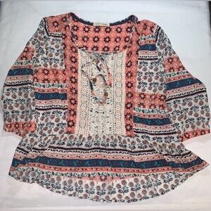 Rewind Floral Boho Top Blouse Women’s Large Peach Blue Cream Tie Closure